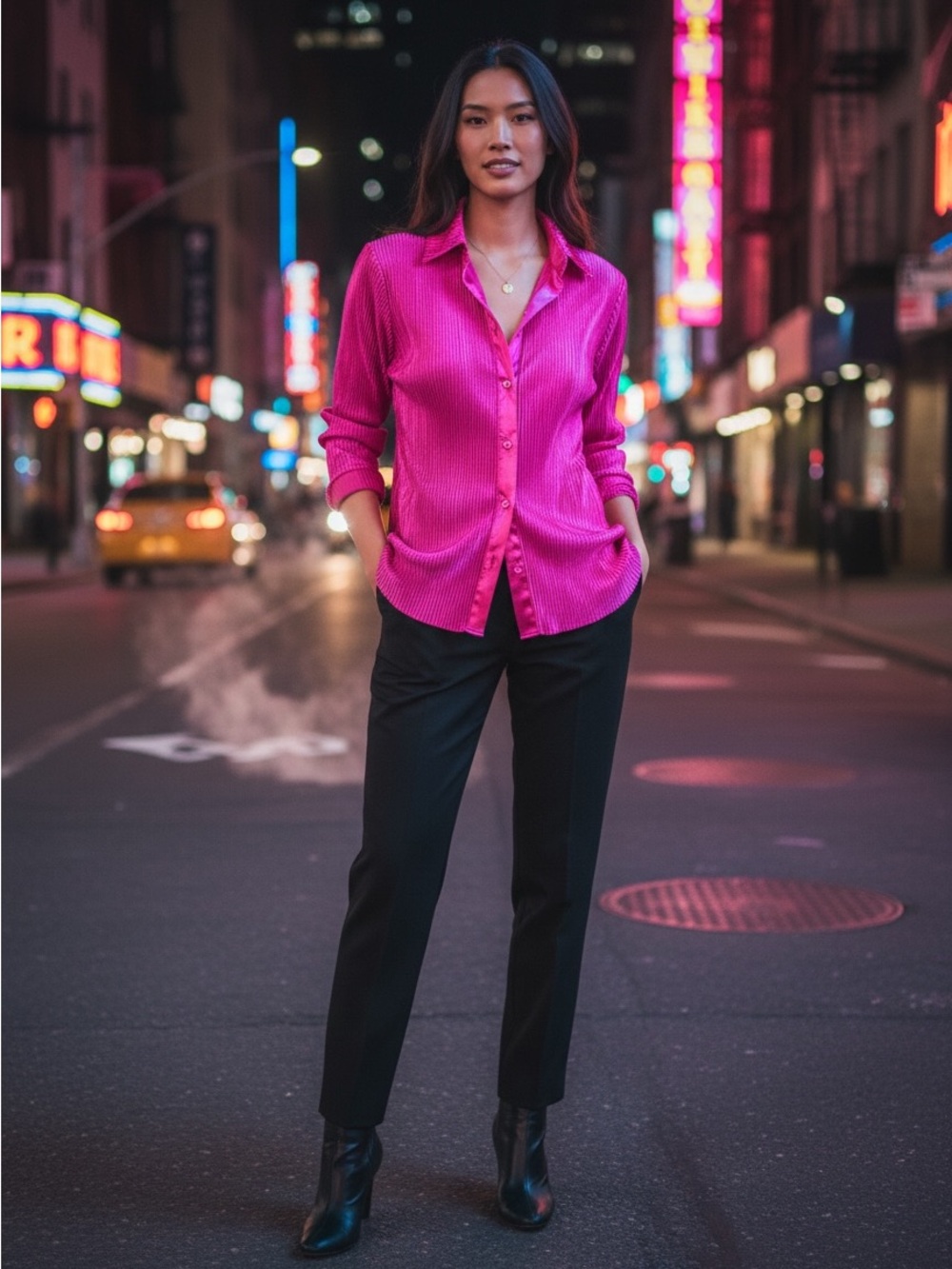 Women's Fuchsia Button-Down Shirt - Lightweight Long Sleeve